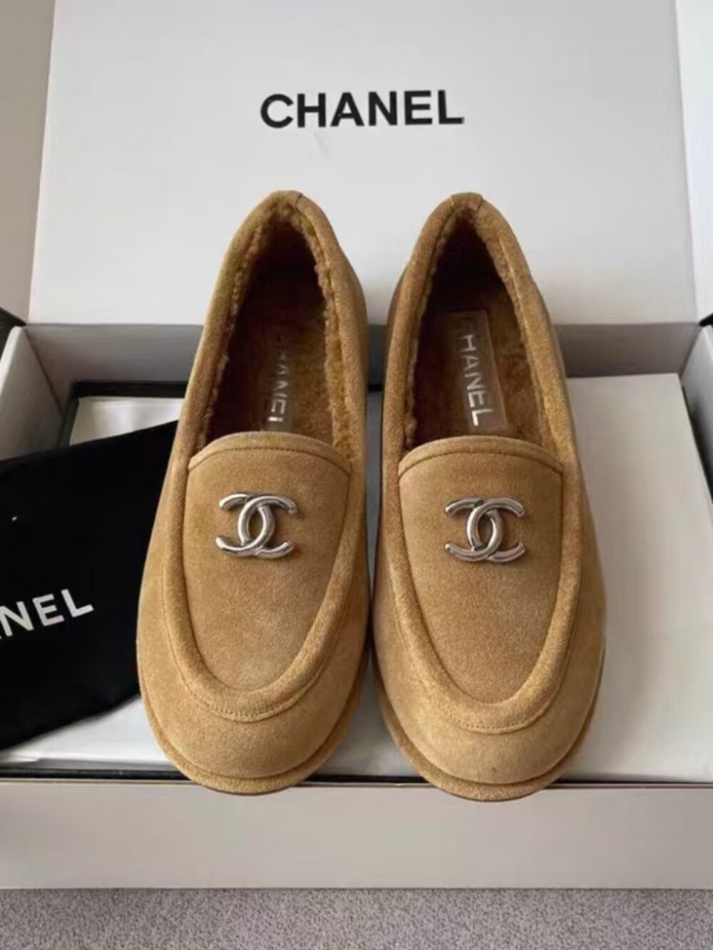 Chanel Tan Suede CC Logo Shearling Lined Loafers